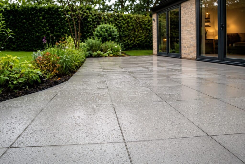 Terrace free of moss with clean garden paving after rain